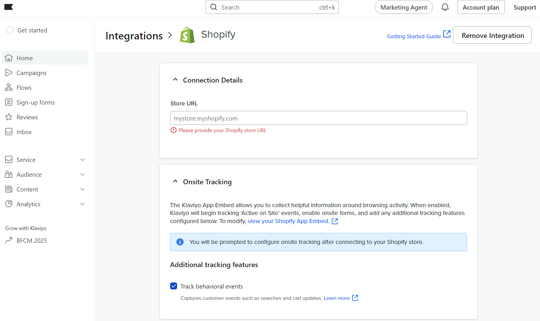 Klaviyo Shopify integration settings screen showing store URL setup and onsite tracking options
