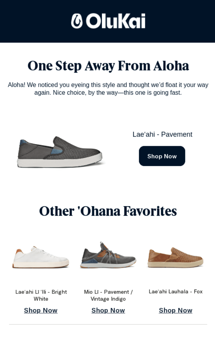 Cross-sell email from OluKai titled “One Step Away From Aloha,” showing featured and related footwear products with “Shop Now” buttons.