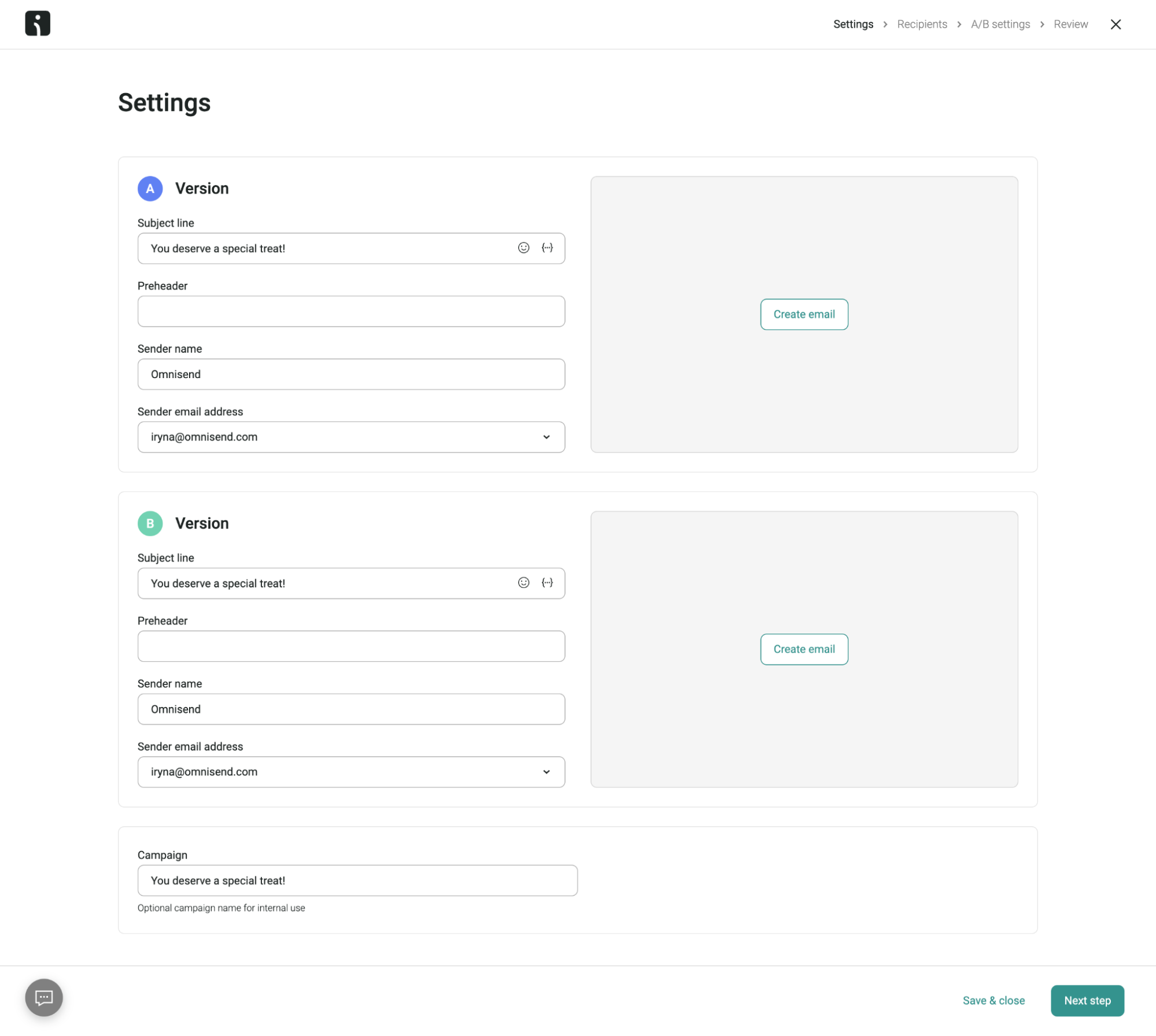 omnisend a/b testing settings