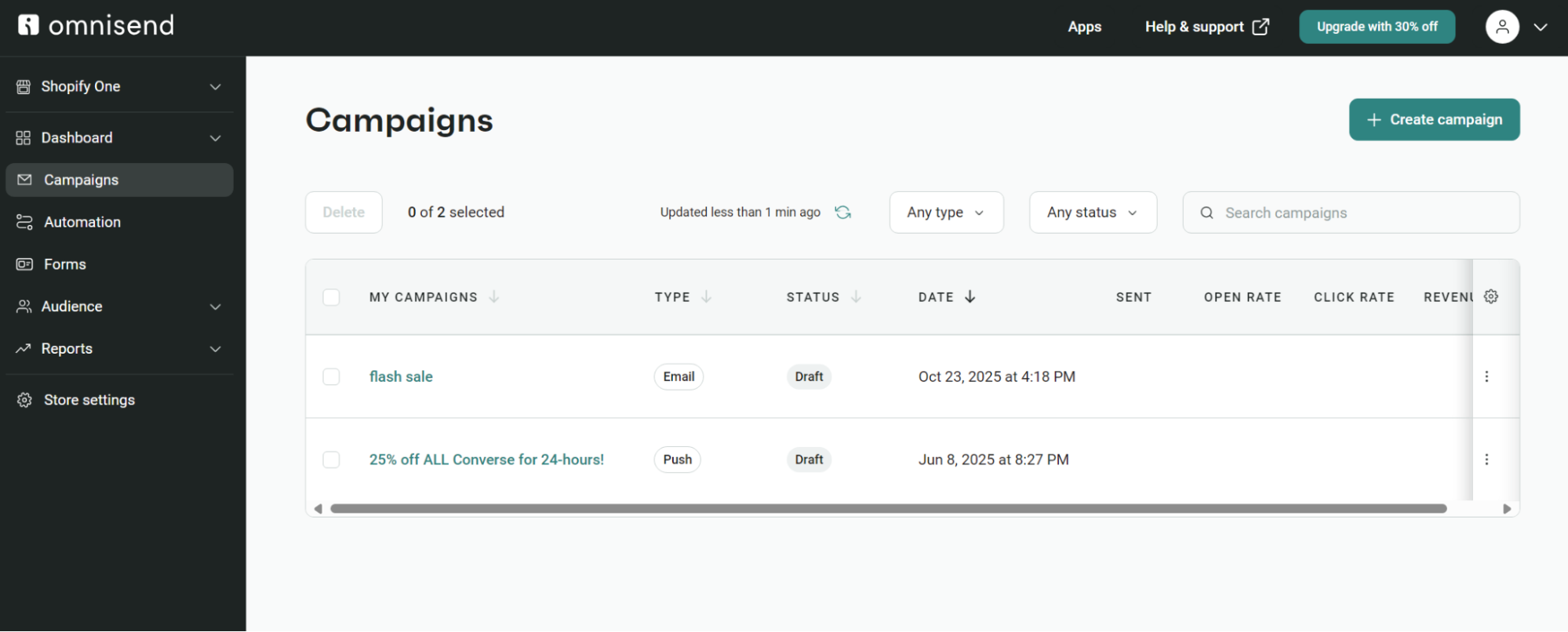 omnisend campaigns dashboard