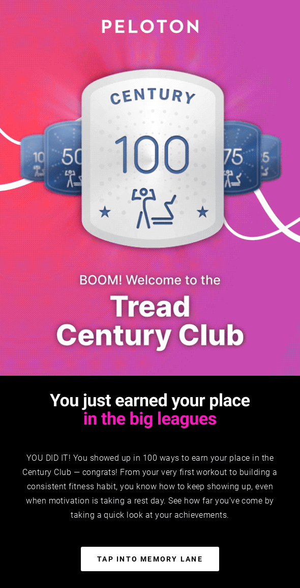 Milestone celebration email from Peloton congratulating the user for joining the “Tread Century Club,” featuring a silver 100 badge and motivational copy.