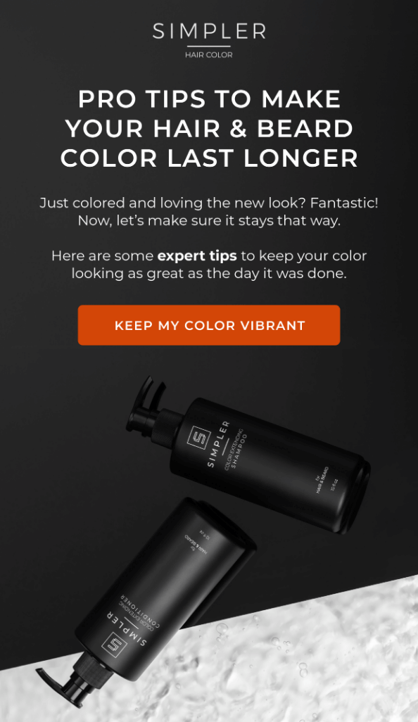 Educational drip email from Simpler Hair Color showing black shampoo and conditioner bottles with the heading “Pro tips to make your hair & beard color last longer.”
