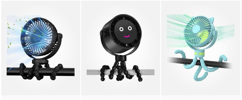 three different stroller fans in different colots and shapes