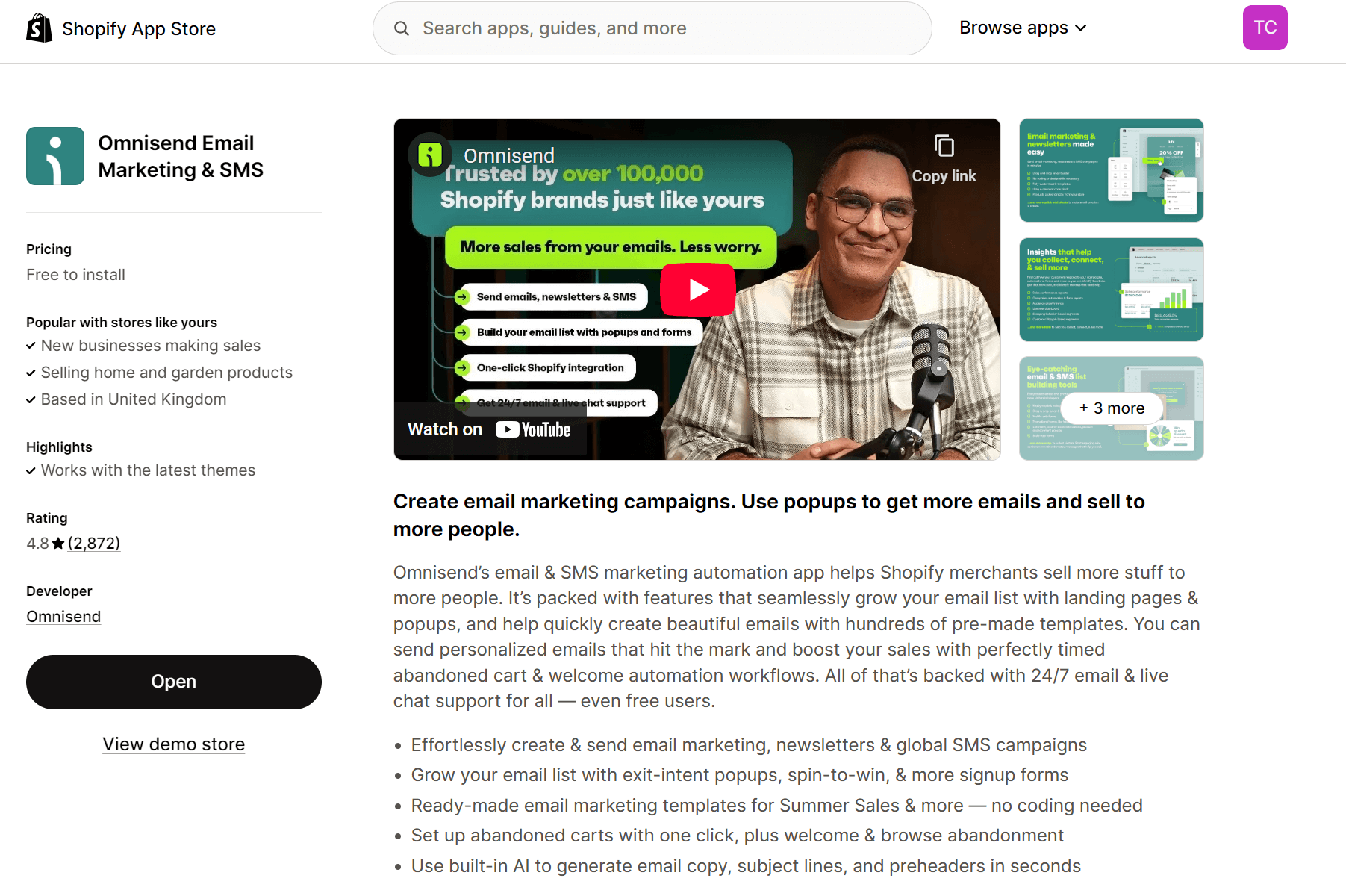 Shopify AI tools: Omnisend email marketing and SMS page on Shopify App Store