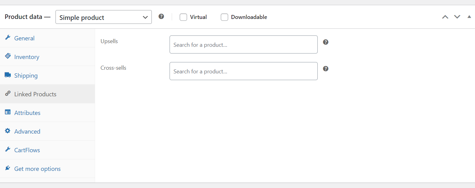 WooCommerce product recommendations: Screenshot of the Linked Products tab in WooCommerce product settings, showing fields to search for upsell and cross-sell products. The sidebar menu includes options like General, Inventory, Shipping, and more.