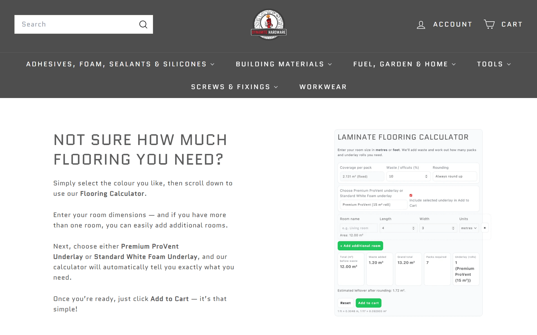 Laminate flooring calculator page with room inputs, coverage details, and estimated packs needed