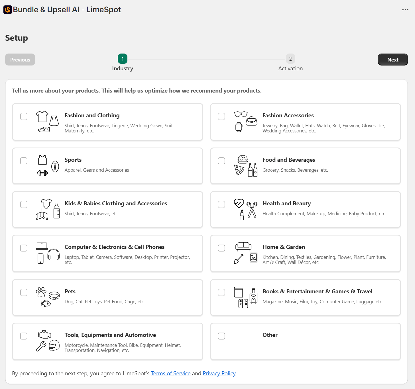 A product setup page for Bundle & Upsell AI - LimeSpot displays product categories like Fashion, Sports, Food, Kids, Electronics, Home, Pets, Books, and Tools, each with icons and descriptions. Next and Previous buttons are visible.