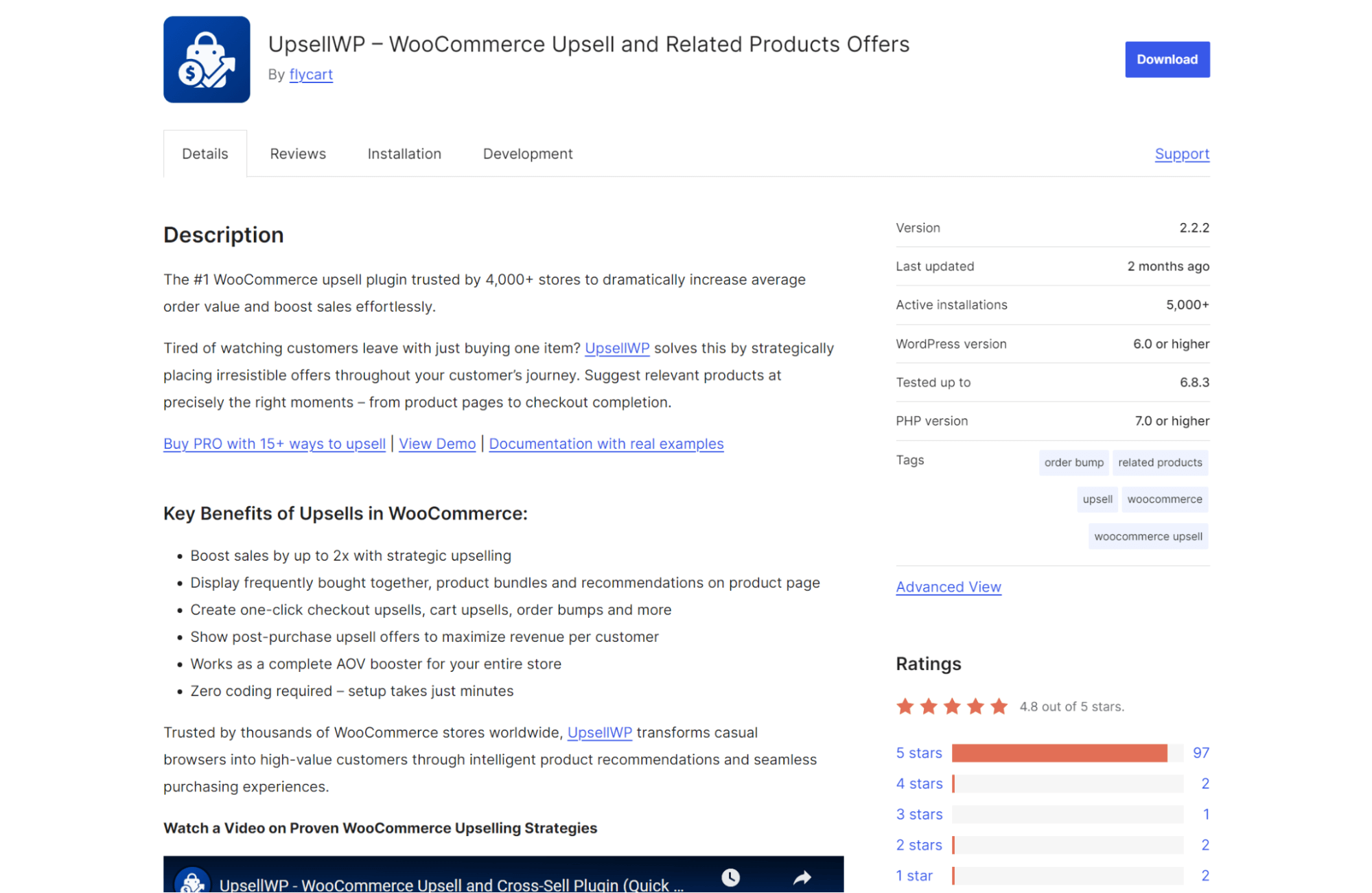 WooCommerce product recommendations: Screenshot of the UpsellWP – WooCommerce Upsell and Related Products Offers plugin page, showing description, features, version details, user ratings, and a video preview section.