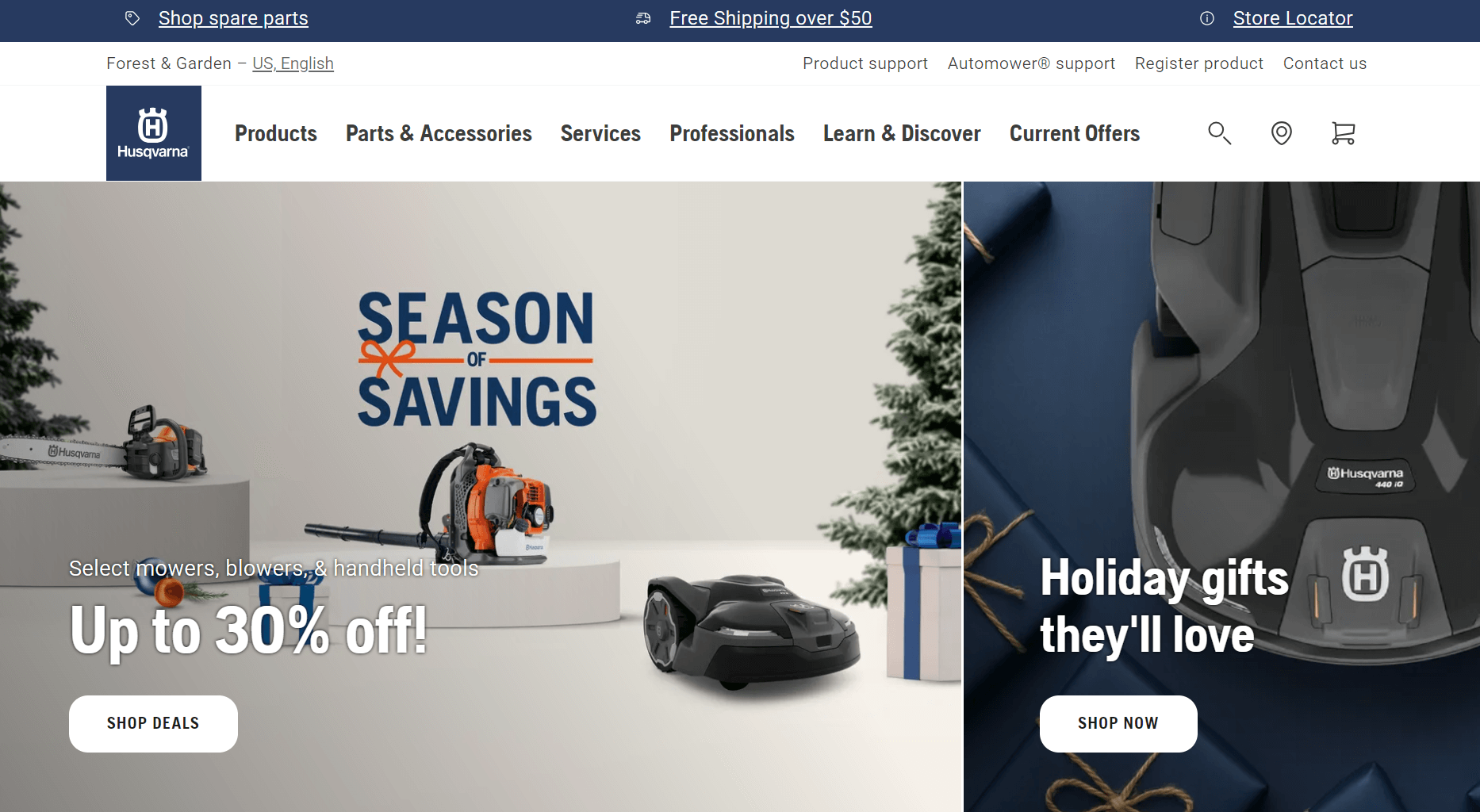 Husqvarna Season of Savings banner with mowers, blowers, and holiday gift deals
