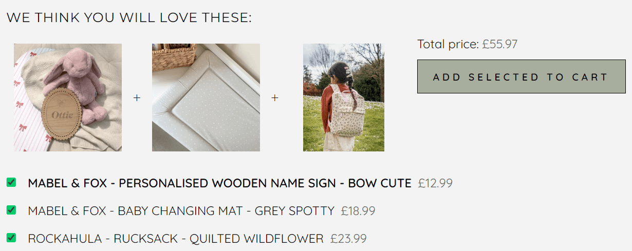 shopify general store: Three recommended baby products: a teddy bear with a personalized wooden name sign, a grey spotty changing mat, and a woman carrying a quilted wildflower rucksack. Total price is £55.97 with all items selected.