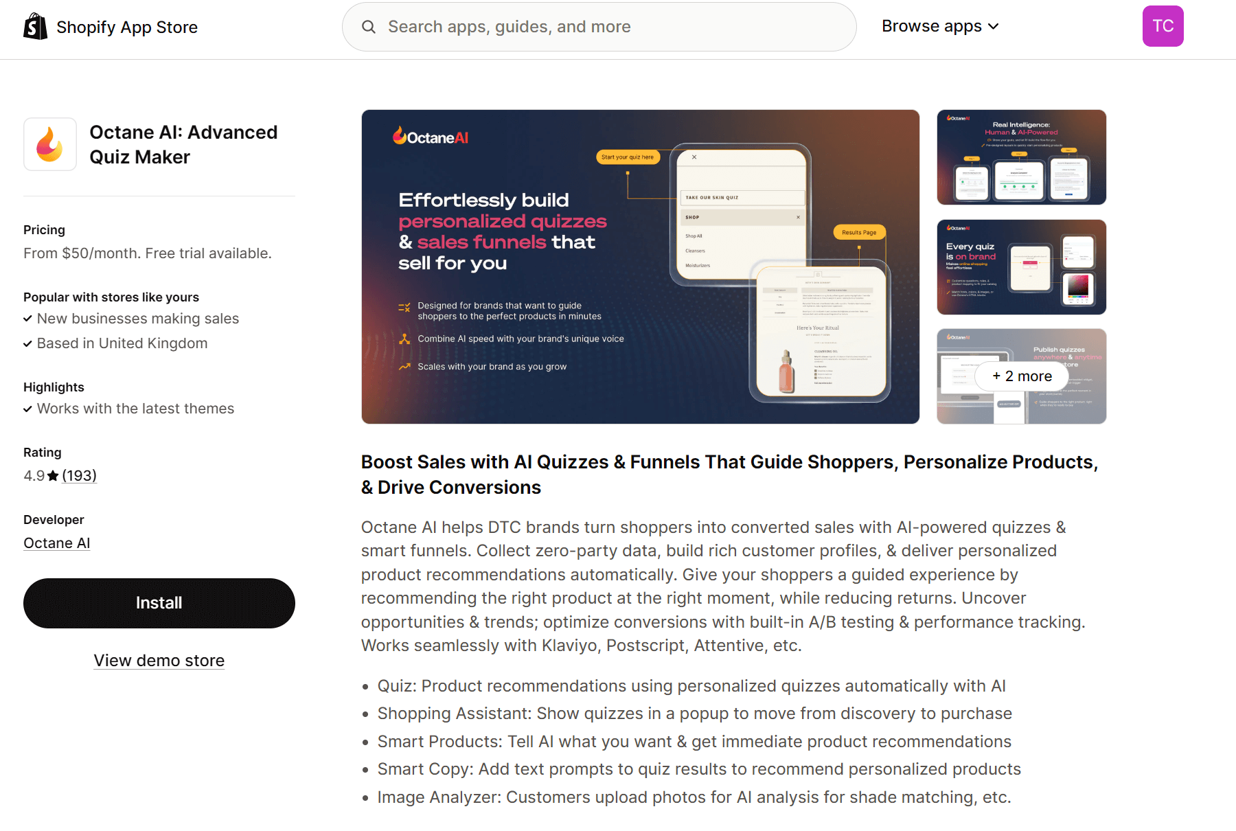 Shopify AI tools: Octane AI page on Shopify App Store