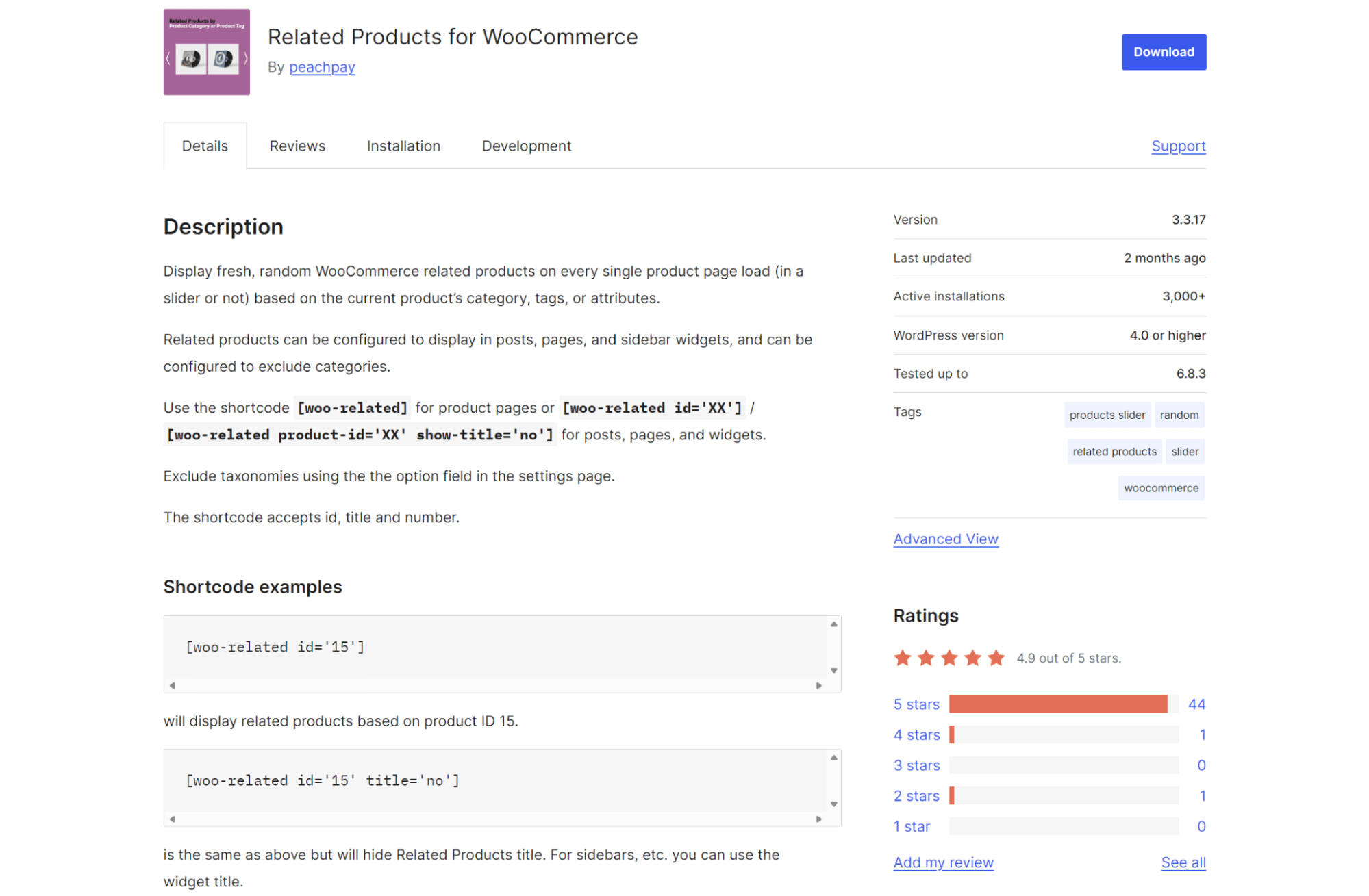 WooCommerce product recommendations: Screenshot of the WordPress plugin page for “Related Products for WooCommerce,” showing description, usage instructions, shortcode examples, ratings, tags, and details such as version, installs, and last update date.