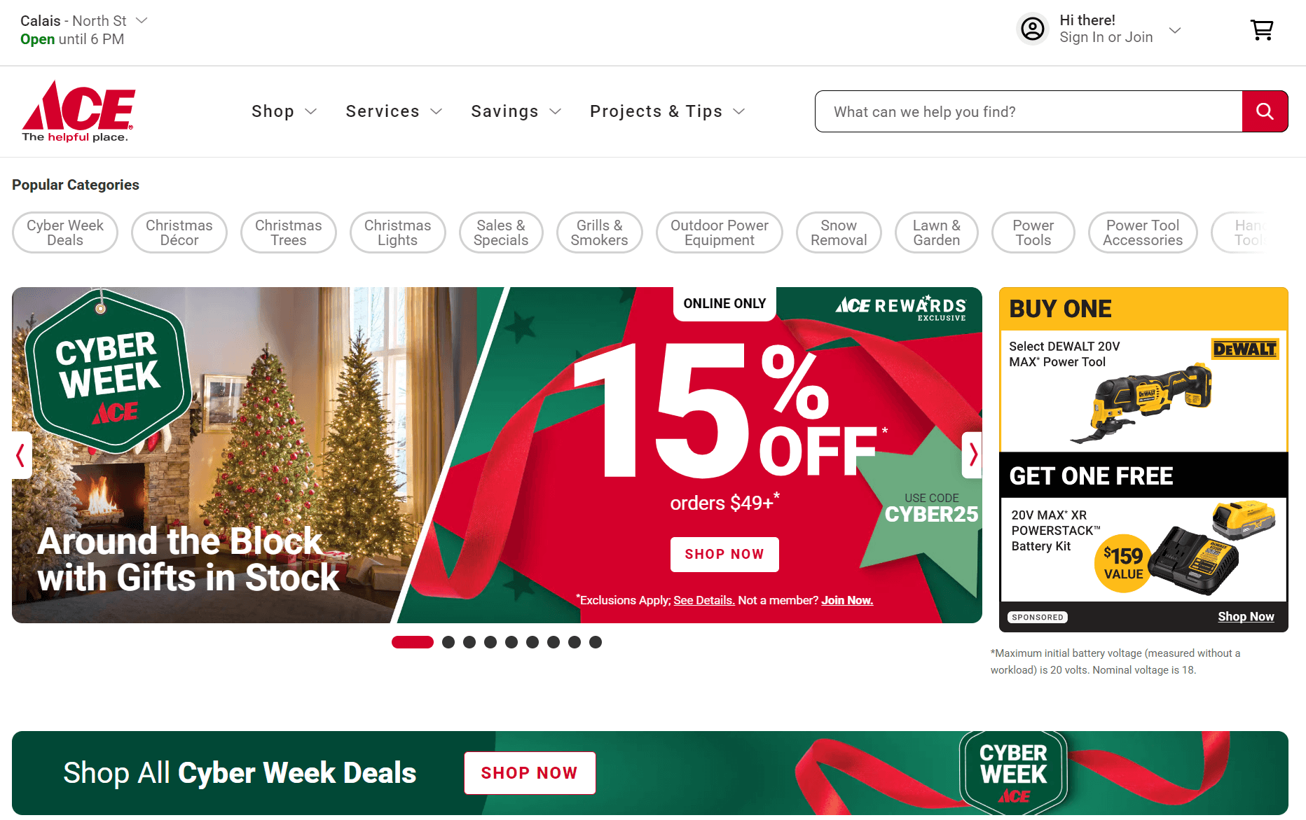 Ace Hardware Cyber Week banner with Christmas décor, 15% off deal, and DeWalt BOGO offer