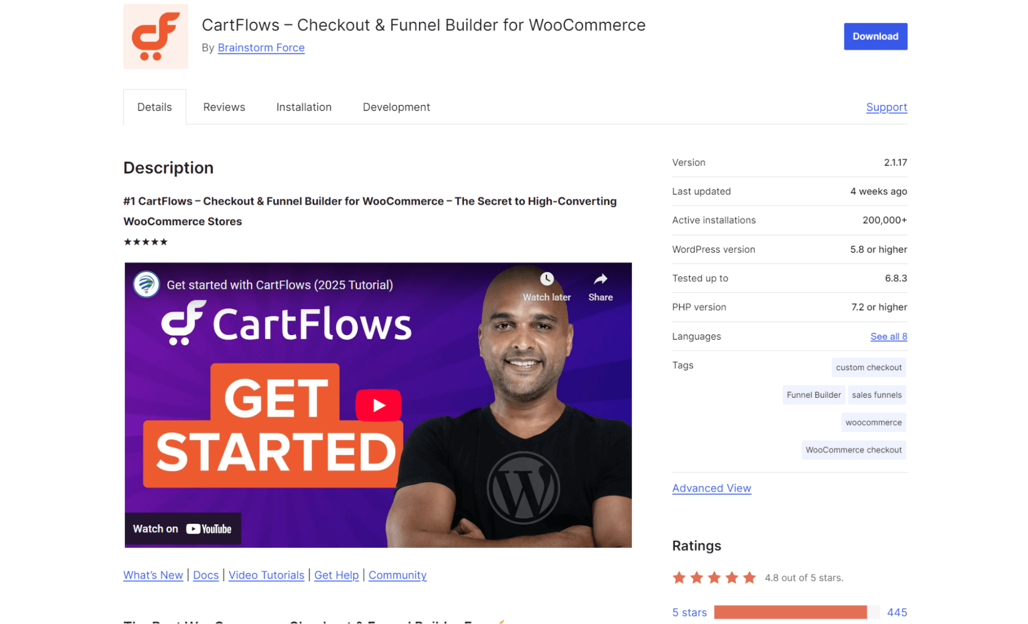 WooCommerce product recommendations: Screenshot of the CartFlows plugin page for WooCommerce, showing a banner with a smiling man, text “CartFlows GET STARTED,” a YouTube video thumbnail, plugin details, and a 5-star rating on the right.