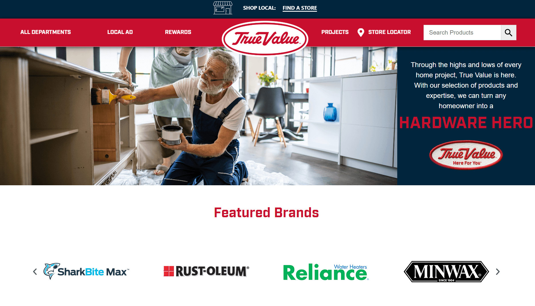 True Value homepage showing man painting furniture and featured hardware brands below