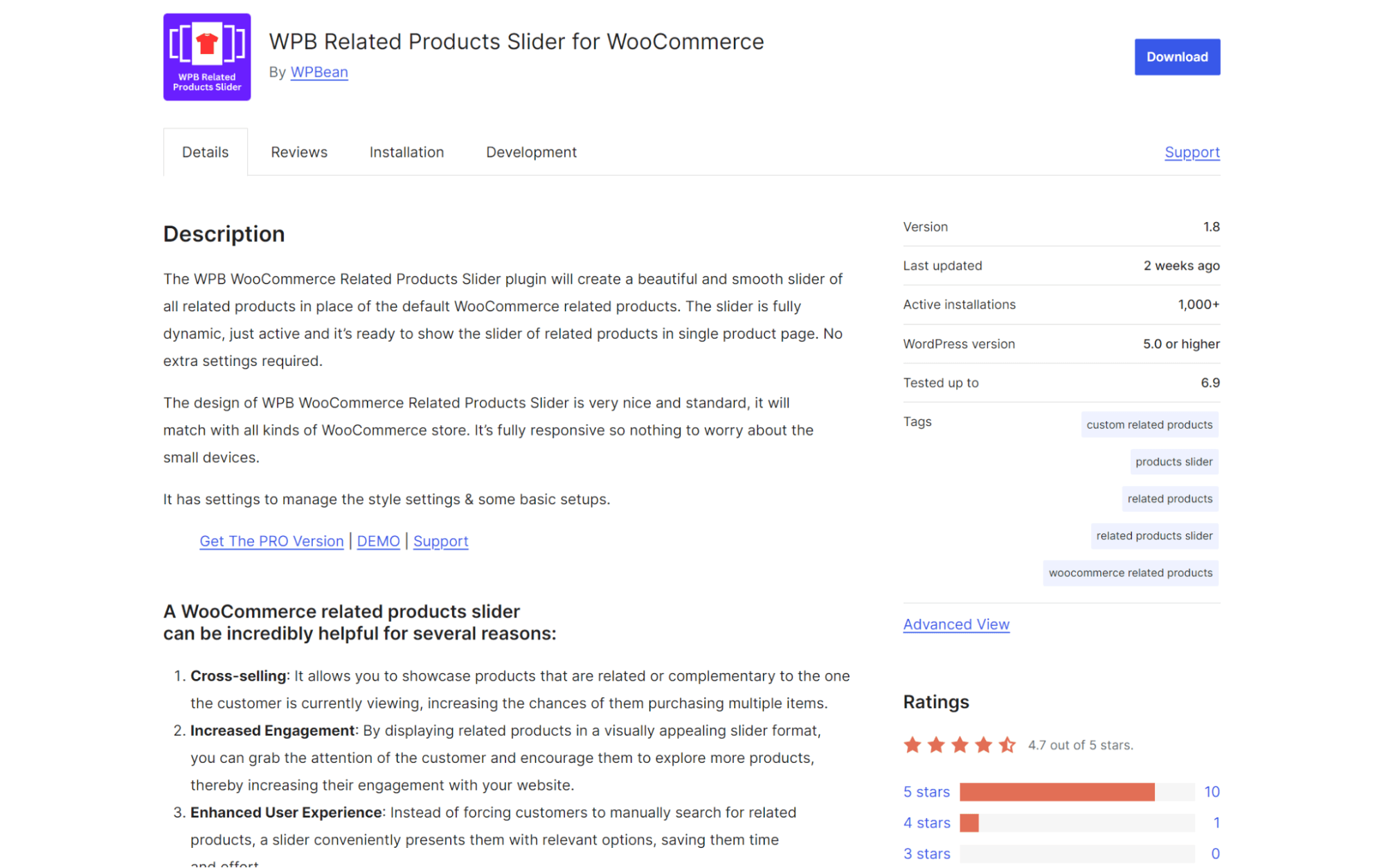 WooCommerce product recommendations: A plugin page for WPB Related Products Slider for WooCommerce displays details such as description, features, version info, download button, installation steps, and user ratings with a 4.7 out of 5-star average.