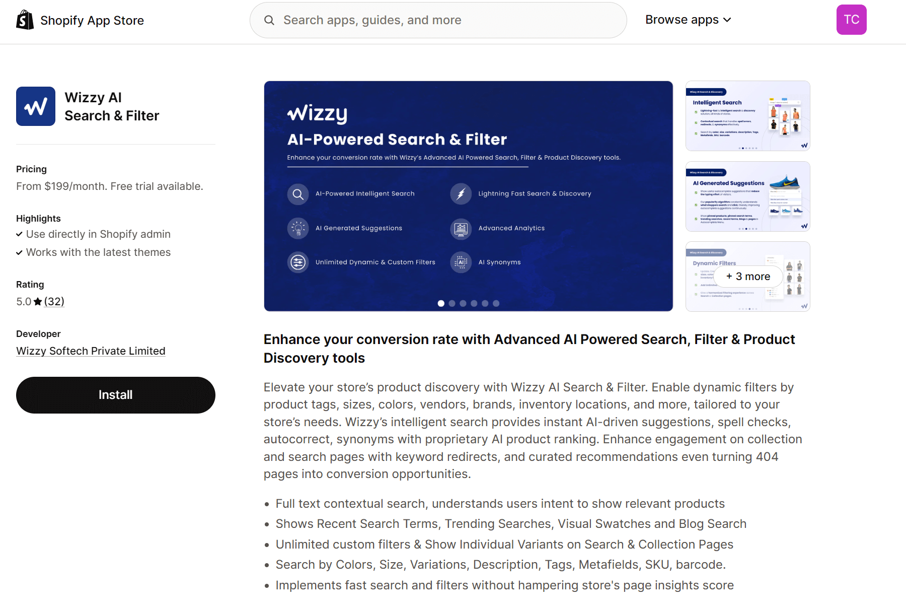 Shopify AI tools: Wizzy AI page on Shopify App Store