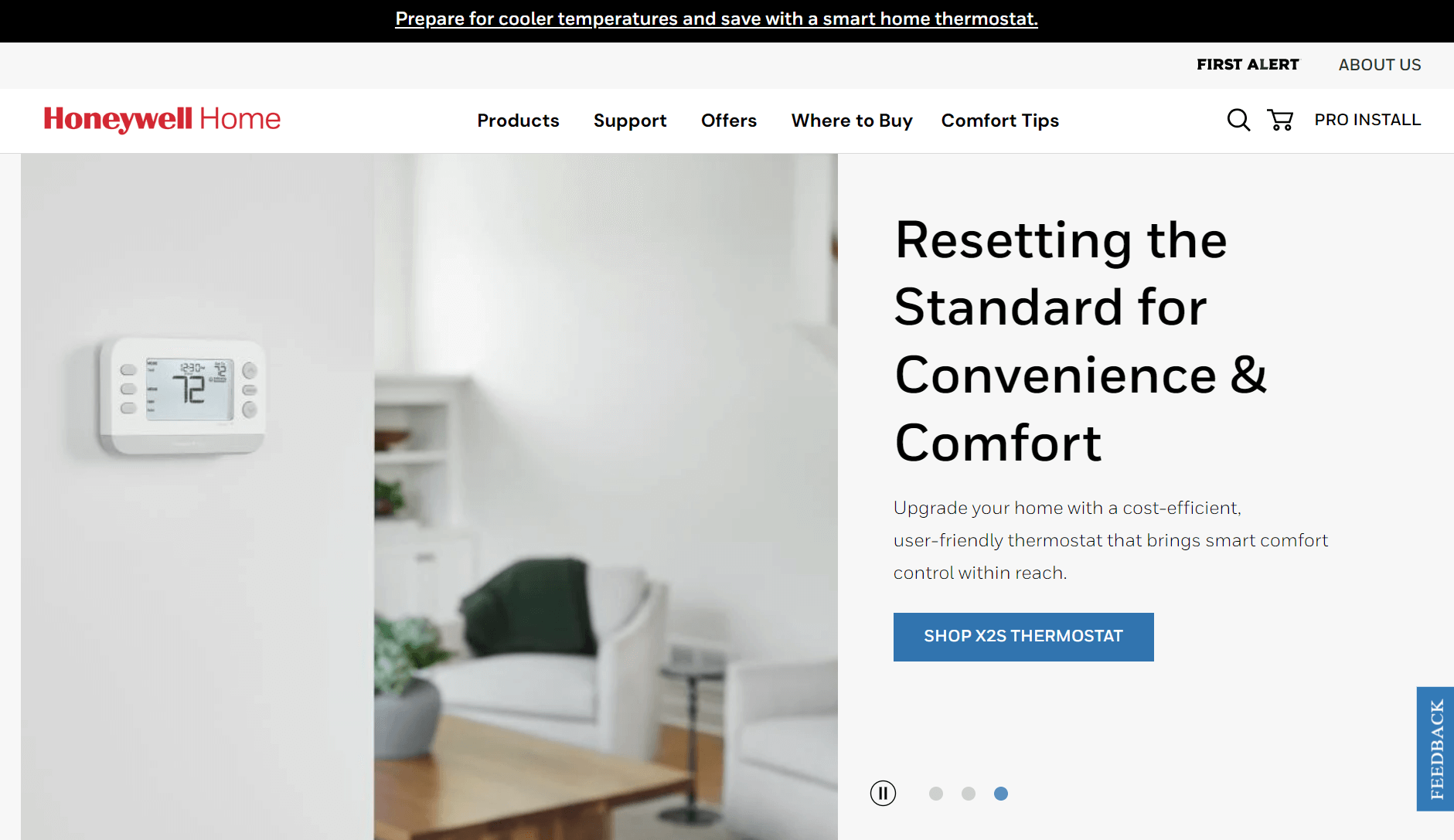 Honeywell Home banner with smart thermostat displayed in a modern living room