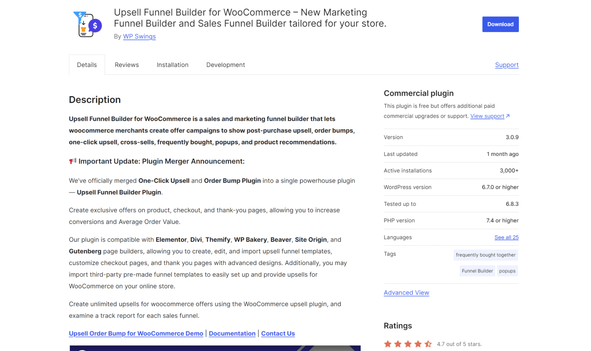 WooCommerce product recommendations: Screenshot of a WordPress plugin page for Upsell Funnel Builder for WooCommerce, showing plugin description, details, version info, ratings, and buttons for demo, documentation, and customer support.