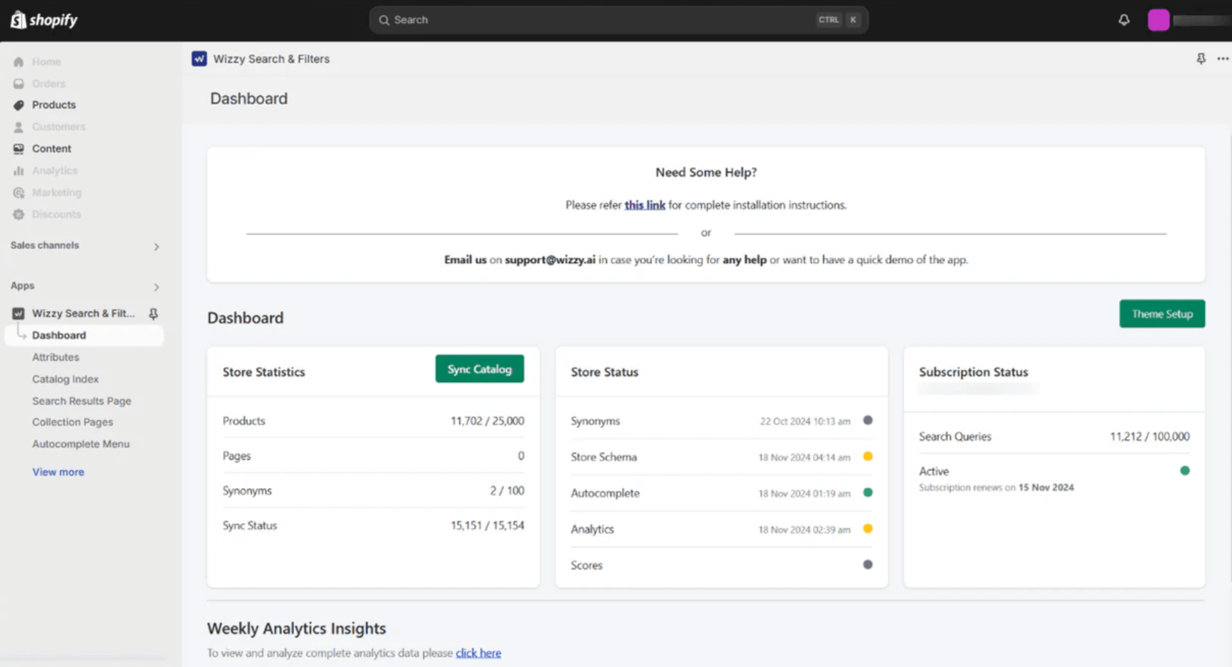 Screenshot of the Shopify app dashboard showing store statistics, status, and subscription details for the Wizzy Search and Filters app, with navigation menu on the left and support messages at the top.
