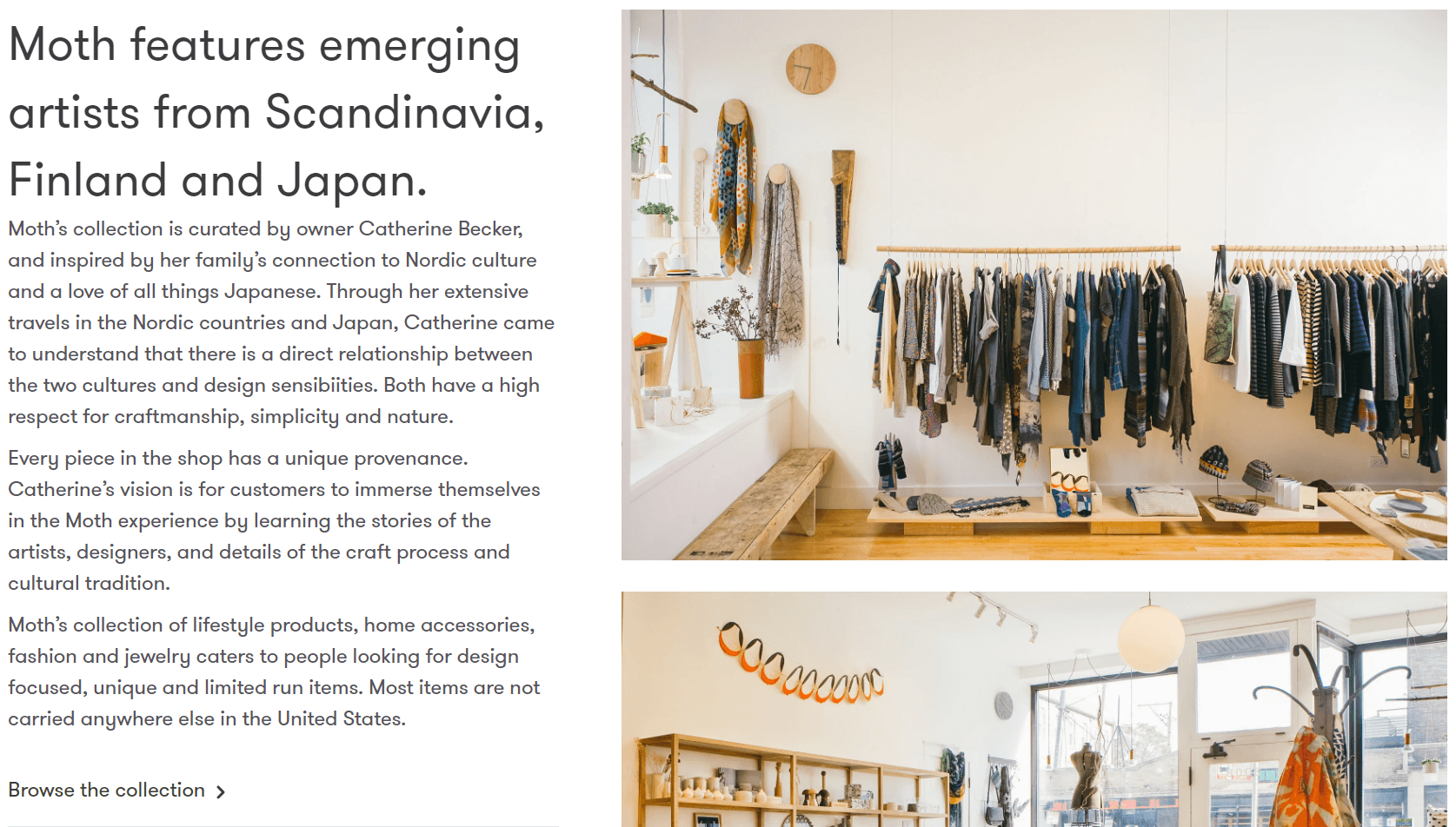 shopify general store: A boutique interior displays artisanal clothing and accessories on racks, shelves, and walls. Natural light fills the space, highlighting the Scandinavian and Japanese-inspired decor and handcrafted items.