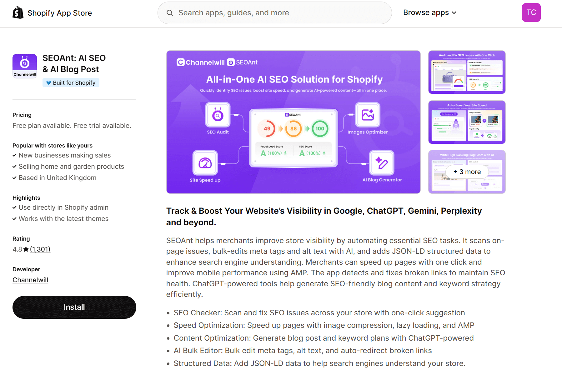 Shopify AI tools: SEOAnt page on Shopify App Store