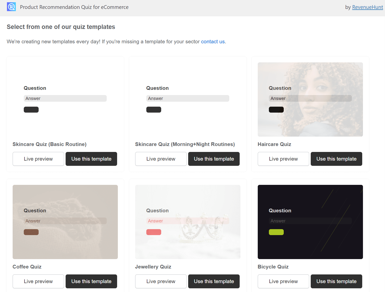 A webpage displays six quiz templates for eCommerce, including Skincare, Haircare, Coffee, Jewellery, and Bicycle quizzes. Each template card shows a sample question, answer space, and buttons for live preview or use.