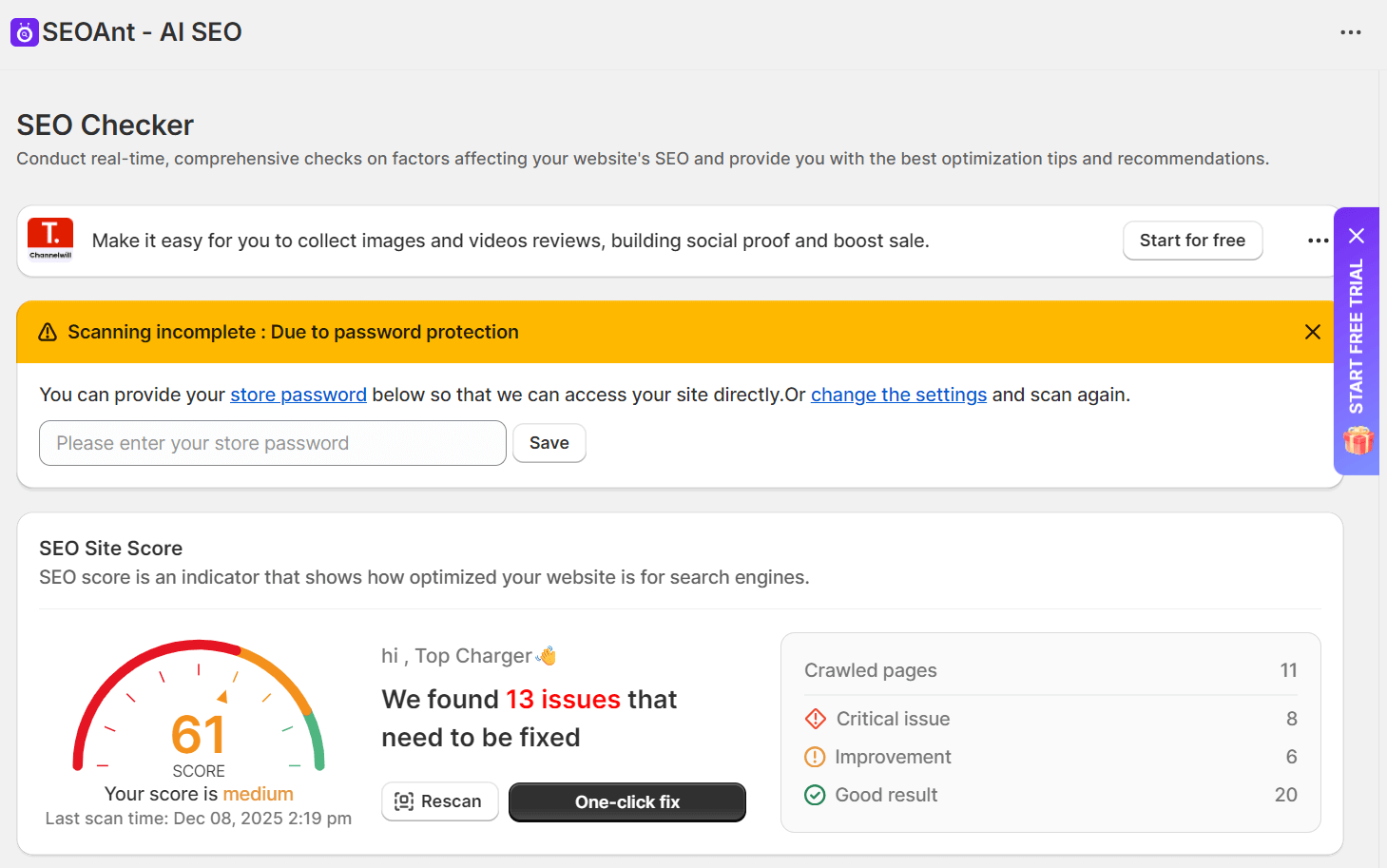Screenshot of an SEO checker tool showing a site score of 61 (medium). A warning states Scanning incomplete: Due to password protection. It found 13 issues that need fixing and lists critical, improvement, and good results.