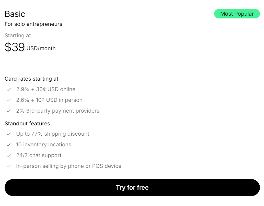 Shopify Basic plan pricing card showing $39/month and feature list