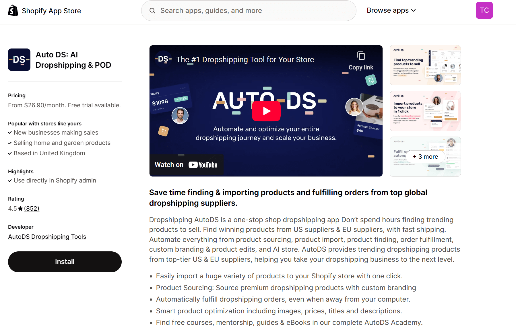 Shopify AI tools: Auto DS page on Shopify App Store