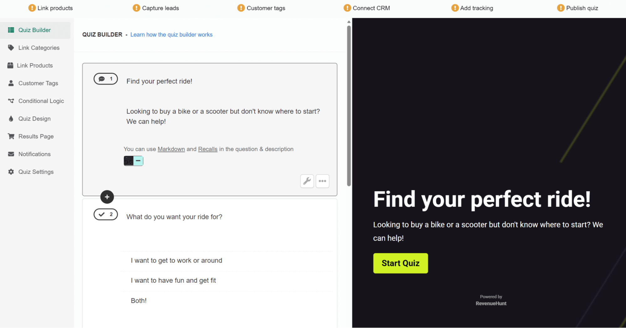 A website quiz builder interface is shown. On the left, editable quiz text asks about choosing a bike or scooter. On the right, a live preview displays the quiz intro with a “Start Quiz” button on a dark background.