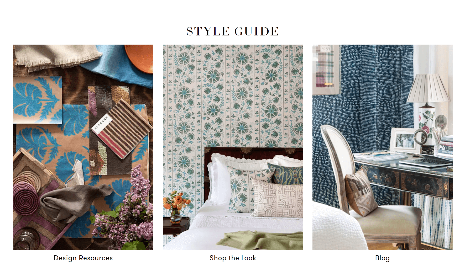 shopify general store: A three-part style guide: fabric swatches and design tools, a bed with patterned pillows and wallpaper, and a workspace with a blue textured backdrop and desk accessories.