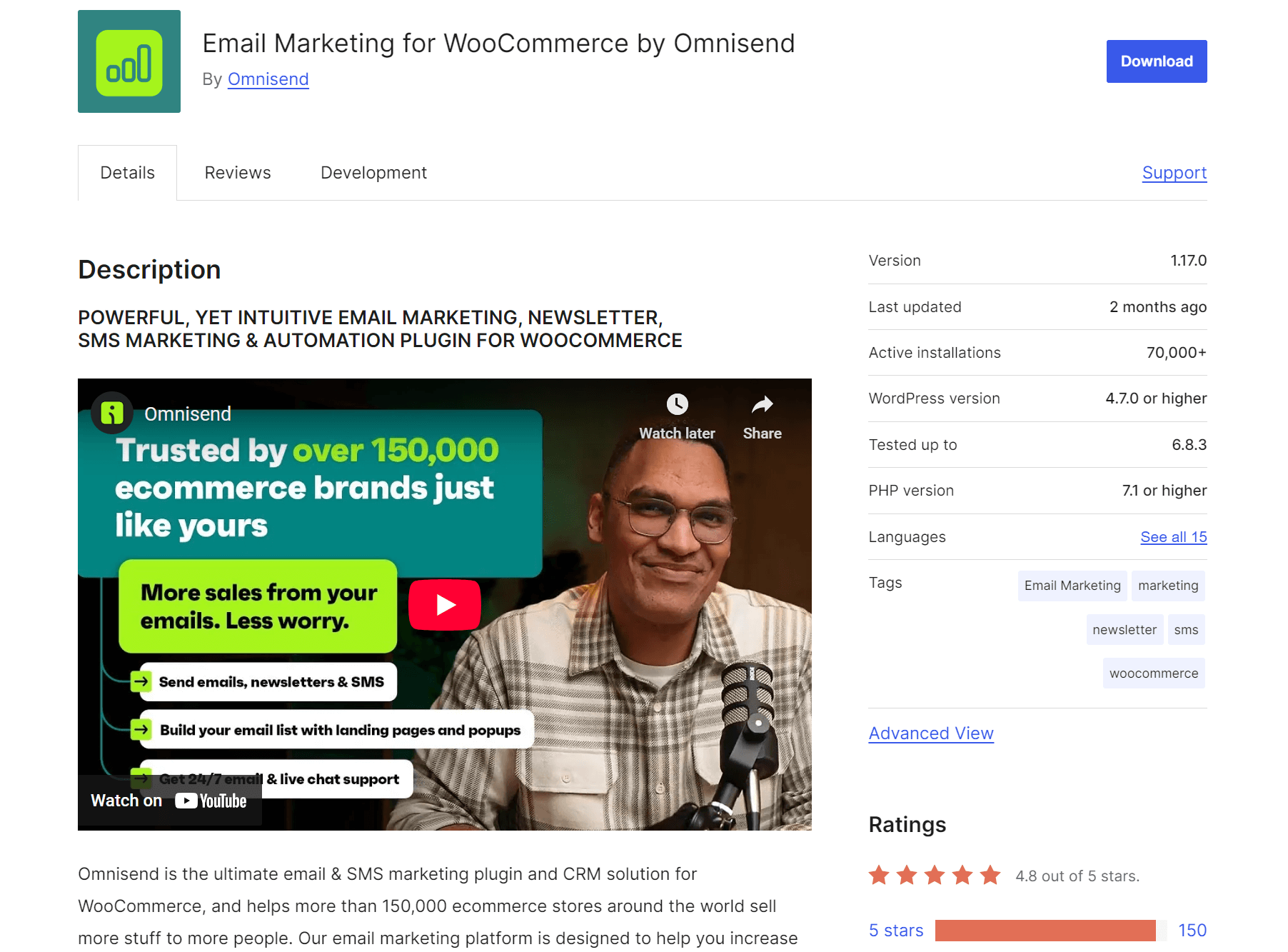 Screenshot of the Omnisend plugin page for WooCommerce, showing a video thumbnail, plugin details, ratings, and a Download button. The page highlights email and SMS marketing features and high customer satisfaction.