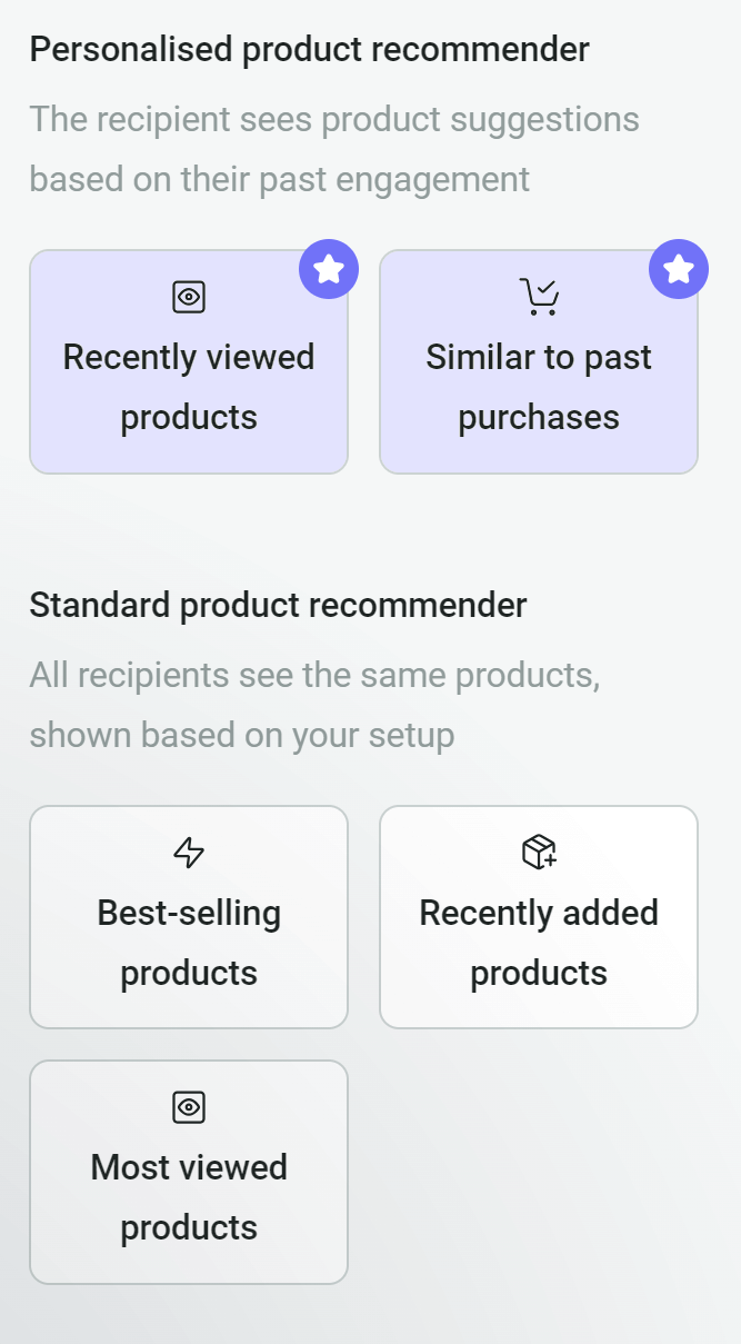 A selection menu with options for personalized product recommendations (Recently viewed products, Similar to past purchases) and standard recommendations (Best-selling products, Recently added products, Most viewed products).