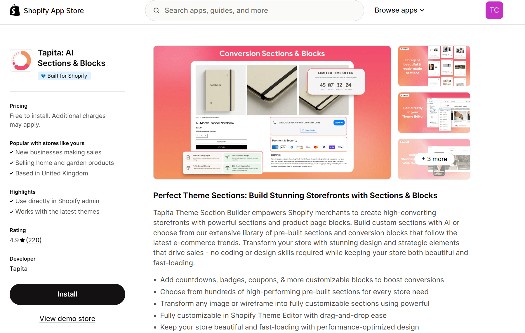 Shopify AI tools: Tapita page on Shopify App Store