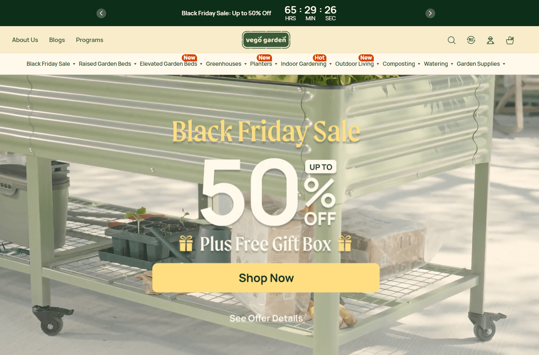 shopify general store: Website homepage showing a large banner for a Black Friday Sale of up to 50% off with a free gift box. There’s a green metal garden bed and a yellow “Shop Now” button in the center. A countdown timer is at the top.
