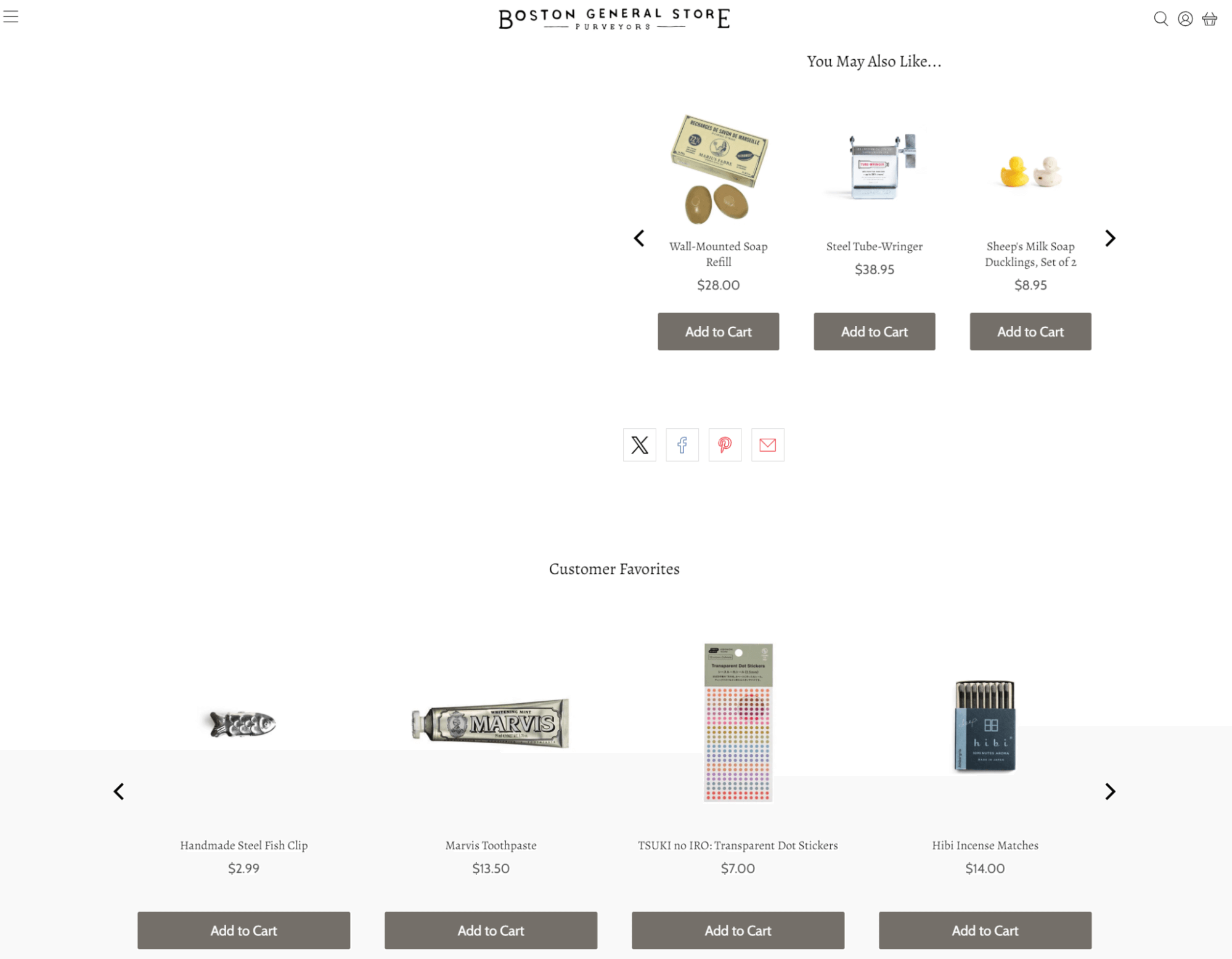 shopify general store: A webpage from Boston General Store shows suggested products, including wool soap and duckling figurines, and customer favorites like a metal clip, toothpaste, dot stickers, and matches, each with price and Add to Cart buttons.