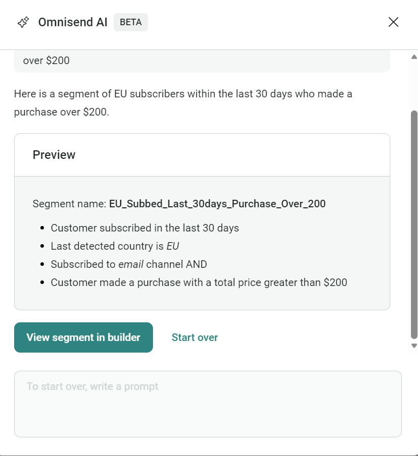 Shopify AI tools: Omnisend's AI segmentation tool that shows a segment of EU contacts that subbed in the last 30 days and made a purchase of over $200