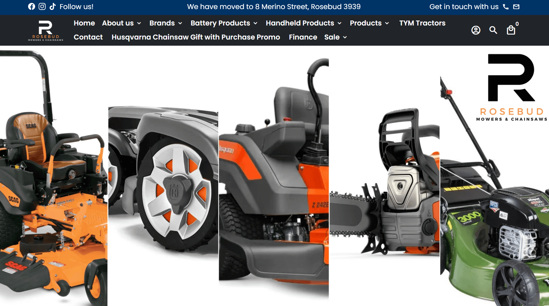 Rosebud Mowers homepage showcasing ride-on mowers, chainsaws, and lawn equipment