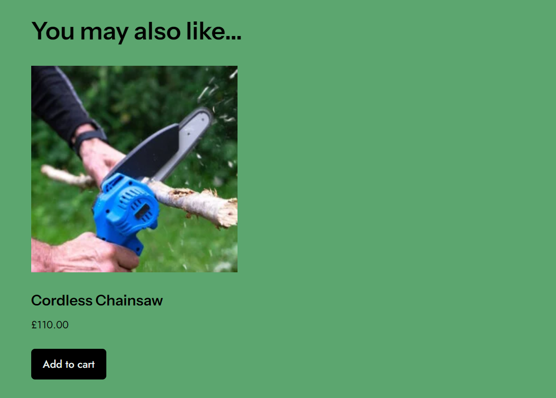 WooCommerce product recommendations: cross-sell of a cordless chainsaw