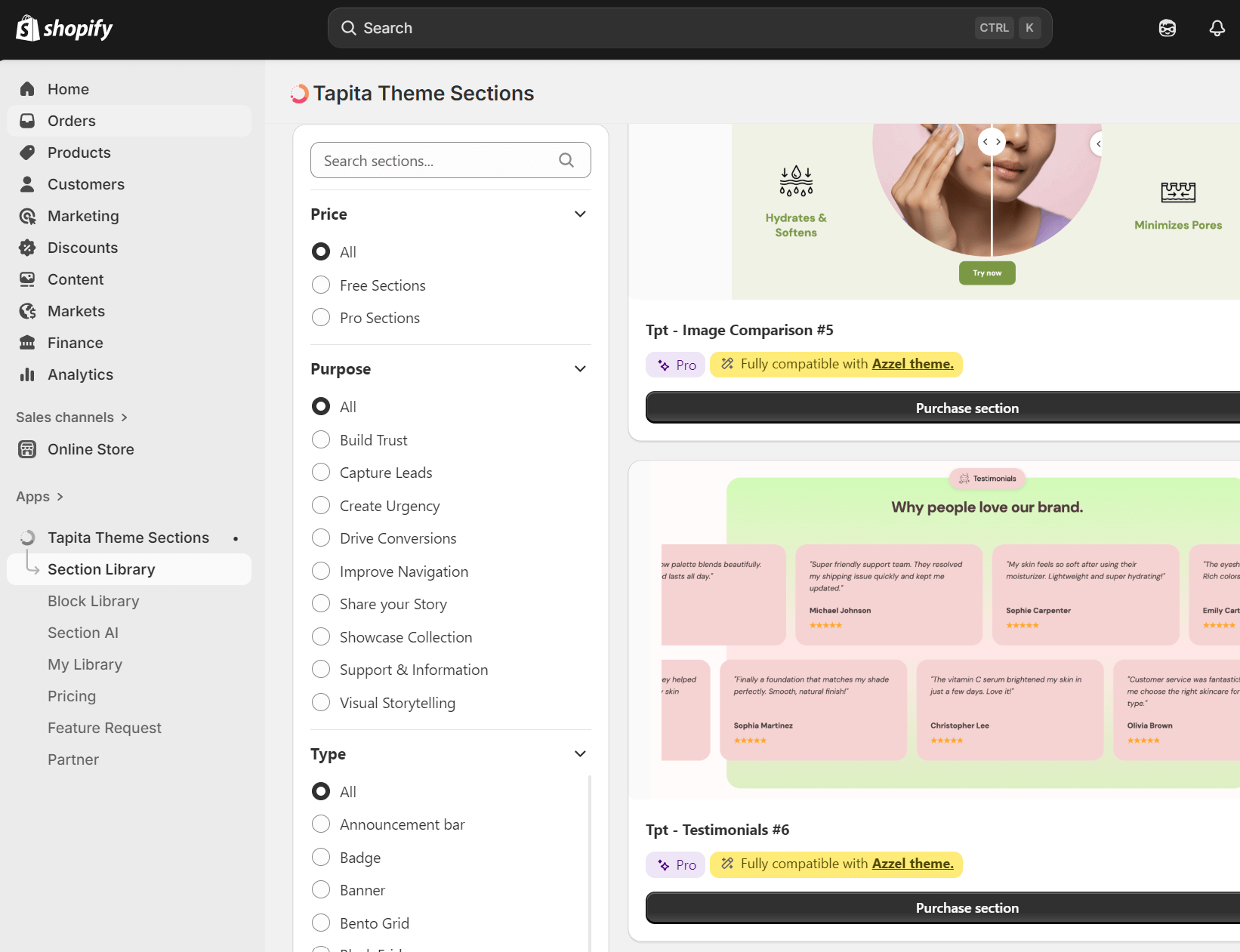 A Shopify dashboard displays the “Tapita Theme Sections” library. Filters for price and purpose are on the left, while theme section previews with “Pro” tags and “Fully compatible with Azazl theme” labels appear on the right.