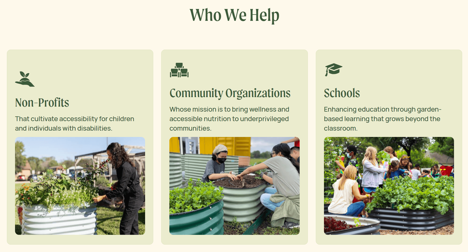 shopify general store: Three panels titled Who We Help show people gardening: non-profits supporting accessibility, community organizations improving nutrition, and schools enhancing education with hands-on garden-based learning.