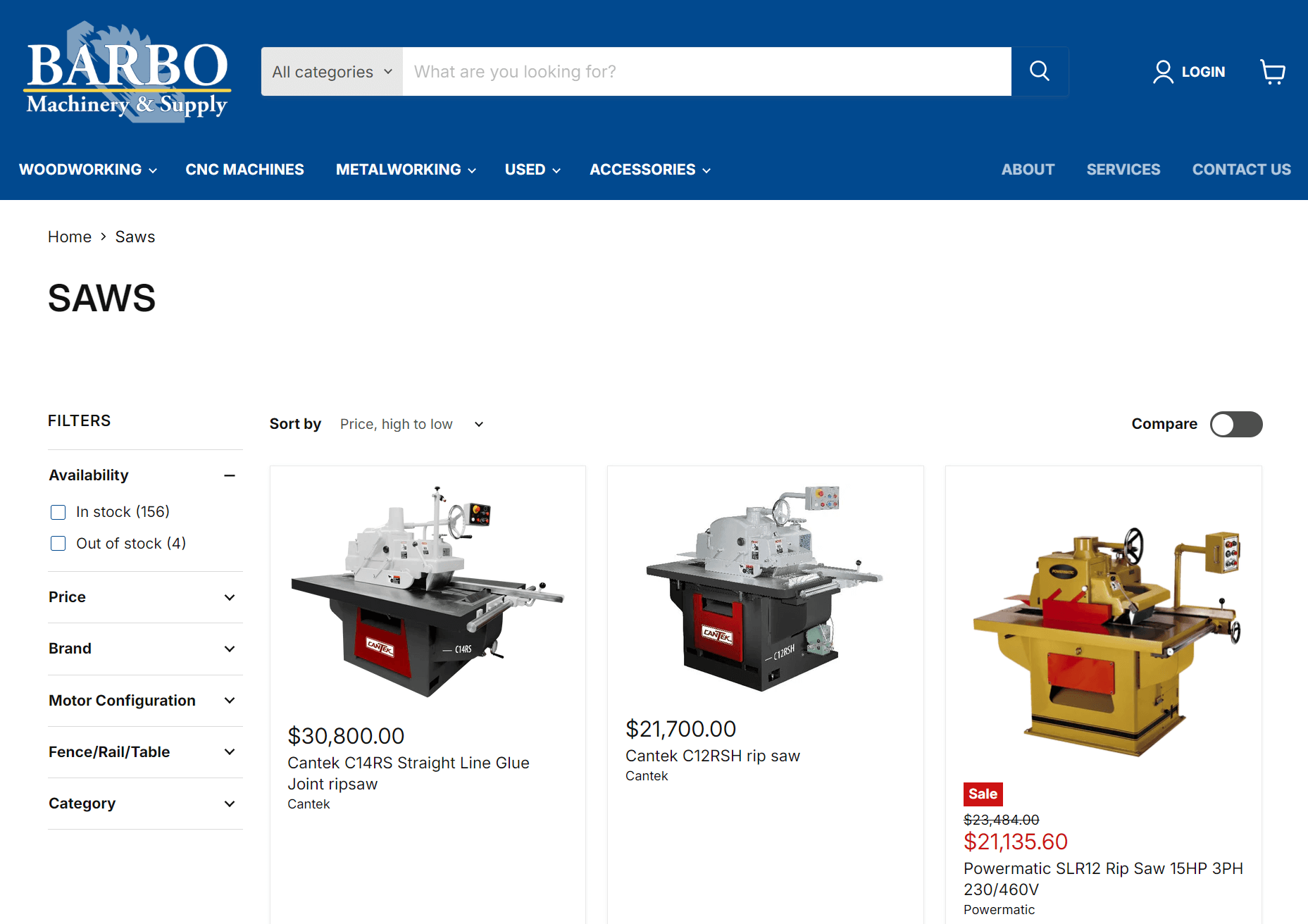 Barbo Machinery saws category page showing industrial ripsaws with prices and filters