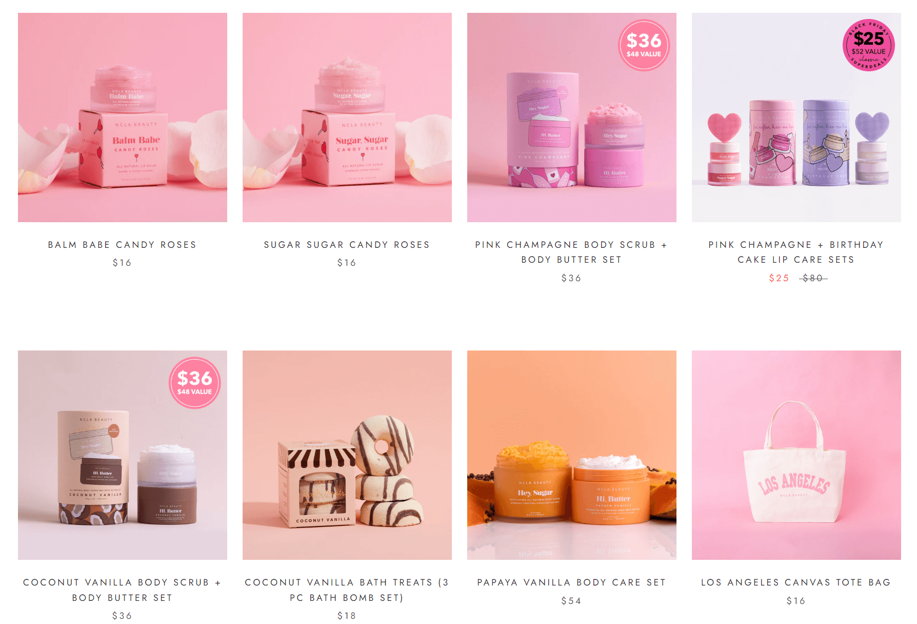 A grid of eight pastel-themed beauty and self-care products, including lip care, body scrubs, bath treats, and a tote bag, each displayed with price tags and pink or neutral backgrounds.