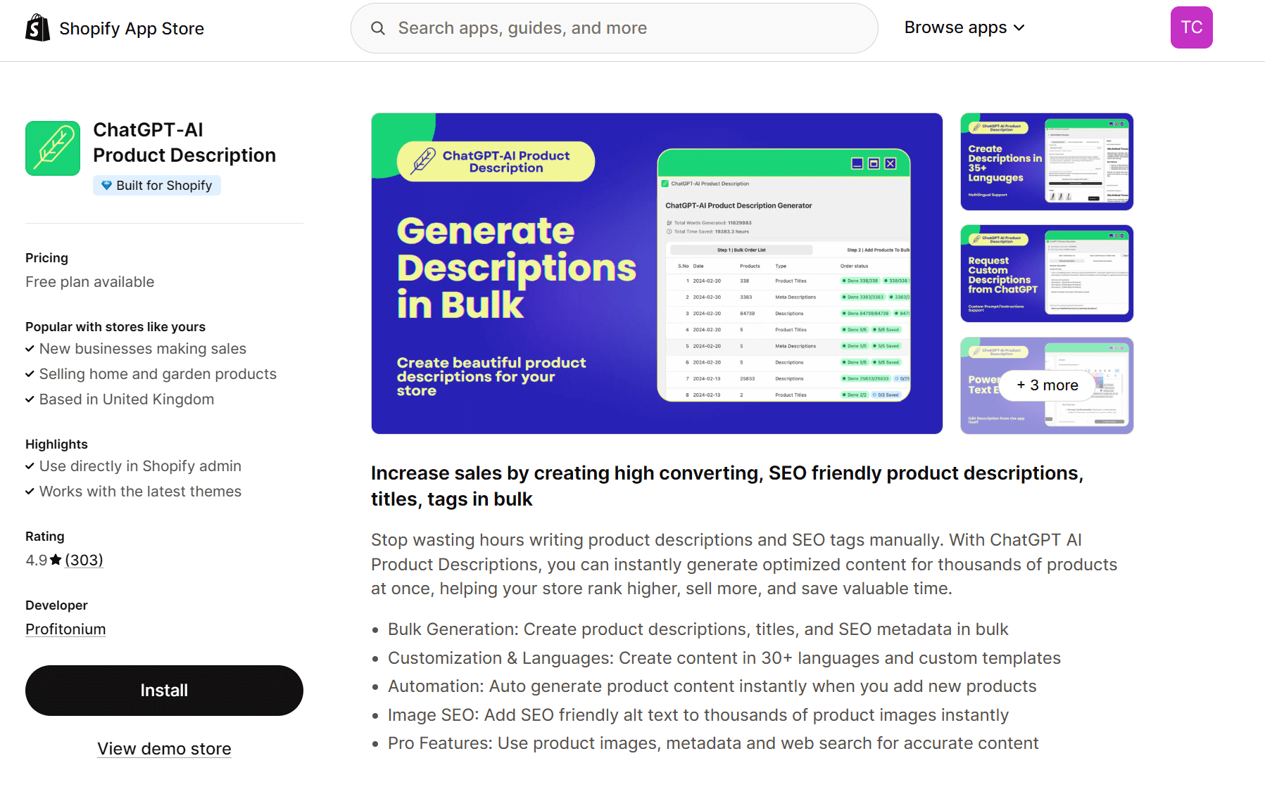 Shopify AI tools: ChatGPT AI product description tool page on Shopify
