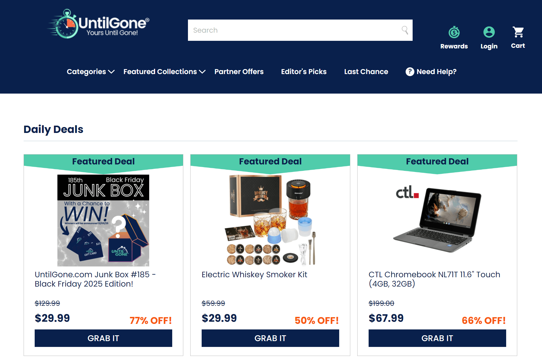 shopify general store: Screenshot of the UntilGone.com Daily Deals page showing three featured deals: a Junk Box for $29.99, an Electric Whiskey Smoker Kit for $29.99, and a CTL Chromebook for $67.99.