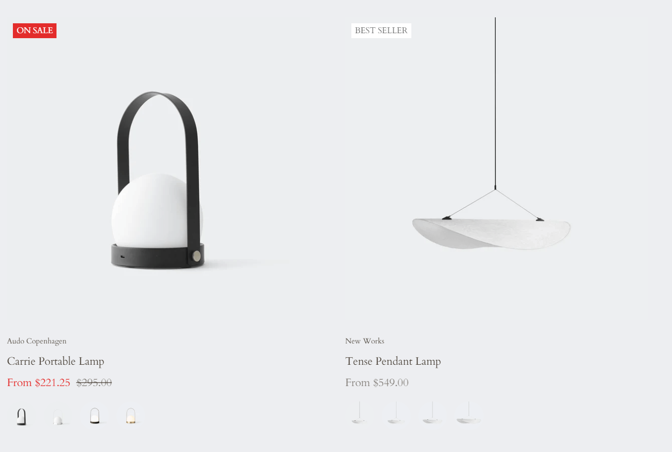 Minimalist product image featuring two lamps: a black and white portable lantern-style lamp on the left, labeled on sale, and a white, cloud-like pendant lamp on the right, labeled best seller. Prices are shown below each lamp.