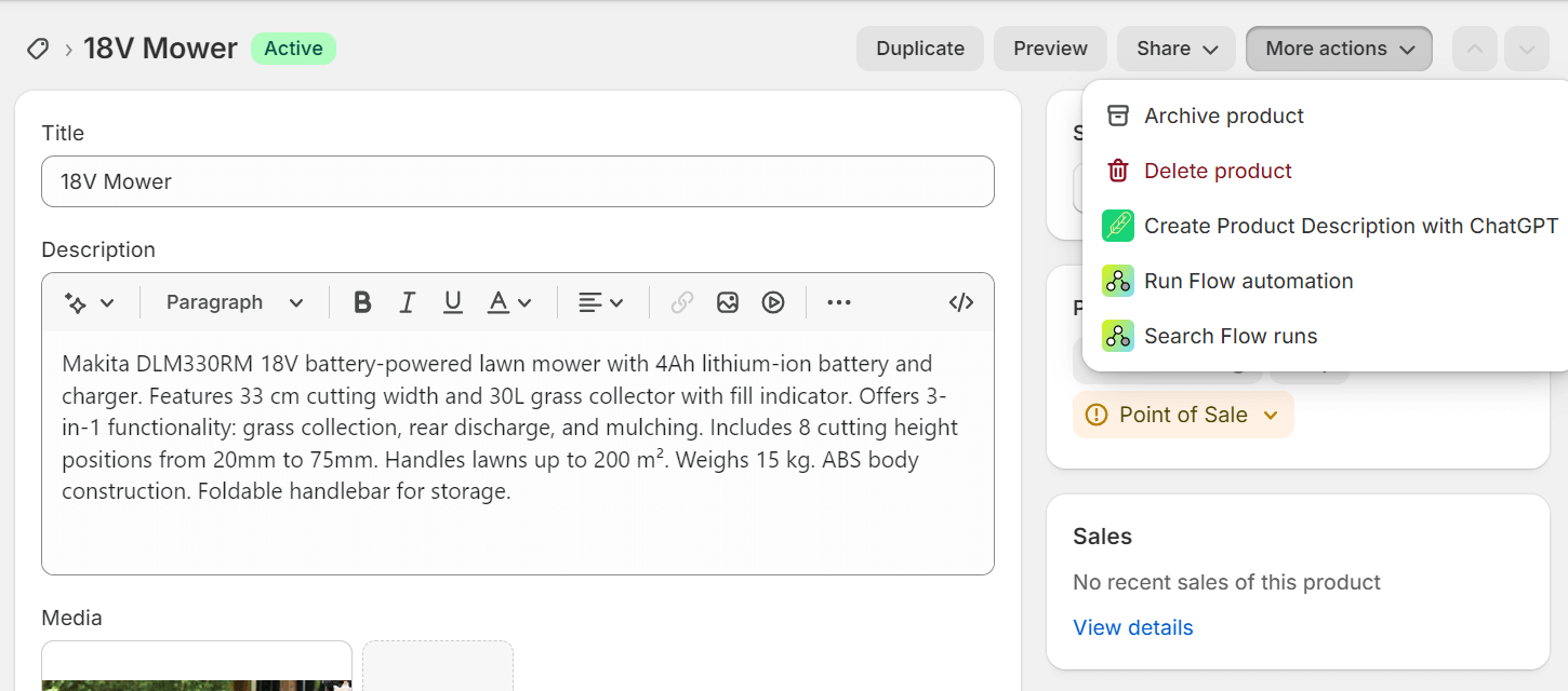 Shopify AI tools: very detailed AI-generated product description of a 18V Mower
