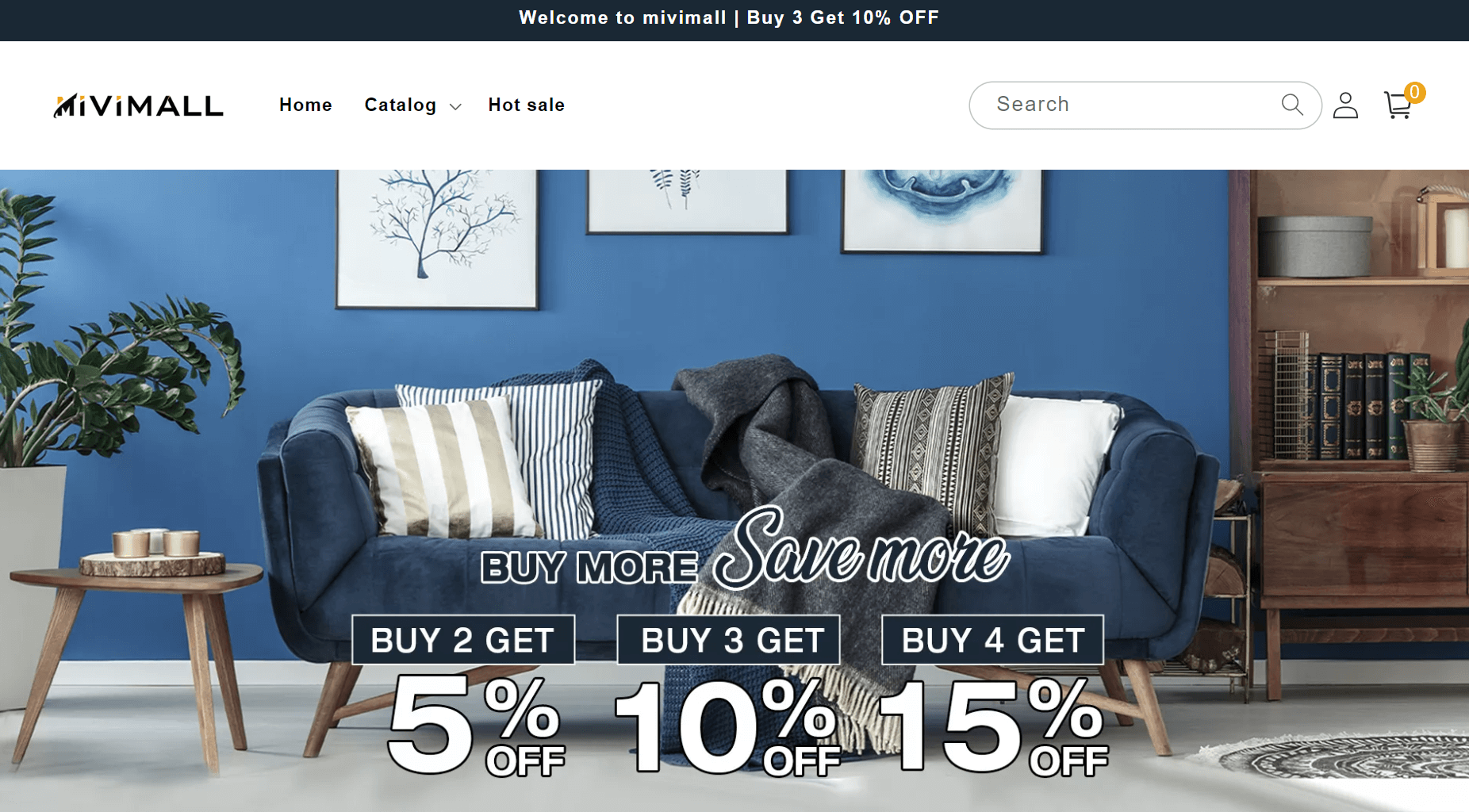 shopify general store: A modern living room with a blue sofa, pillows, and blankets in front of a blue wall with framed art. Text overlay offers discounts: Buy 2 Get 5% off, Buy 3 Get 10% off, Buy 4 Get 15% off.