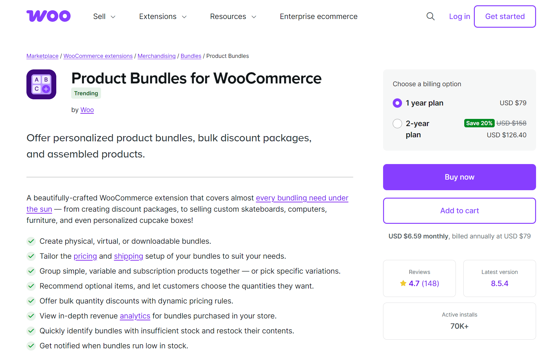 WooCommerce product recommendations: Screenshot of the Product Bundles for WooCommerce webpage showing product details, features list, customer reviews, annual pricing options, and a prominent Add to cart button on a white and purple-themed layout.